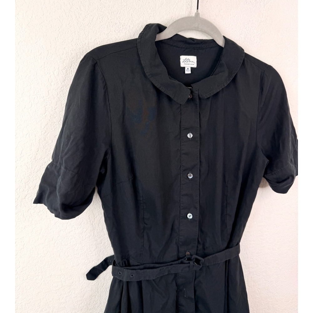L.L.Bean 100% Silk Shirt Dress Womens 8 Black Button Front Belted Minimalist - Picture 5 of 7